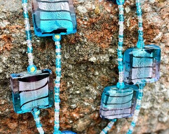 Vintage Murano Glass Necklace, Blue Pink Silver Foil Beads