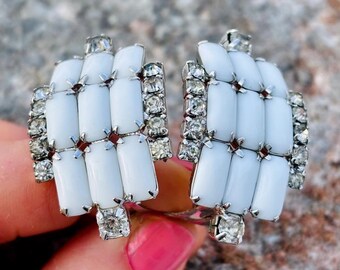 Vintage Silver tone Milk Glass Clear Rhinestones Clip On Earrings