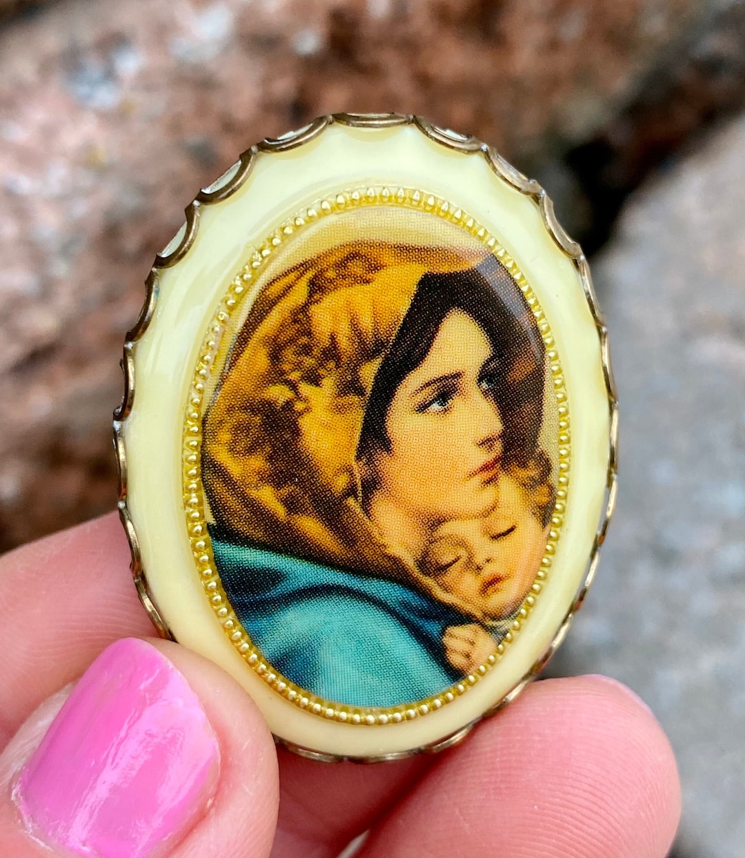 Madonna of the Streets Vintage Gold Tone Celluloid Mary and Child Pin ...