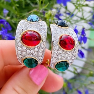 Vintage P.E.P. Erwin Pearl Gold Tone Pave Rhinestone Blue Red And Green Cabochon Clip on Earrings #176