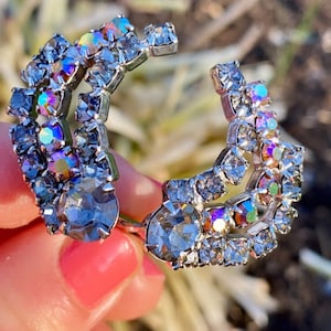 Vintage Silver Tone Smokey Grey with Aurora Borealis Rhinestones Clip On Earrings #257