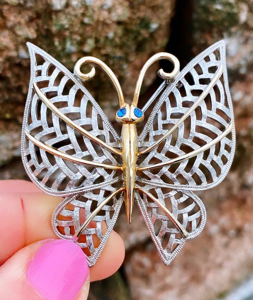Avon Vintage 1980's X LARGE Butterfly Enamel Rhinestone Gold