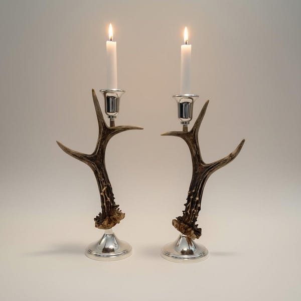 Pair of candlesticks with real roe deer antlers - Paar Kerzenhalter mit echtem Rehgeweih