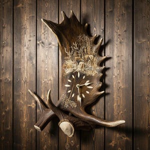 Orologio in Corno di Daino Inciso con Figure di Cervo – Arte Naturale per la Tua Casa
