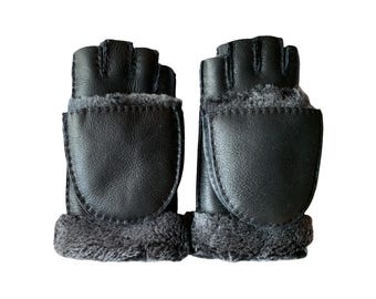 Lambskin Half Finger Mittens with Coverage - Convertible Gloves - Driving Gloves - Texting Gloves - Flip Mitten Fingerless Glove