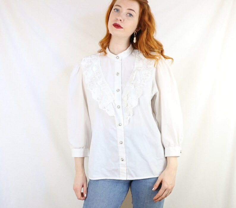 Beautiful Ruffle Blouse with Embroidery Anglaise and Pearl Buttons