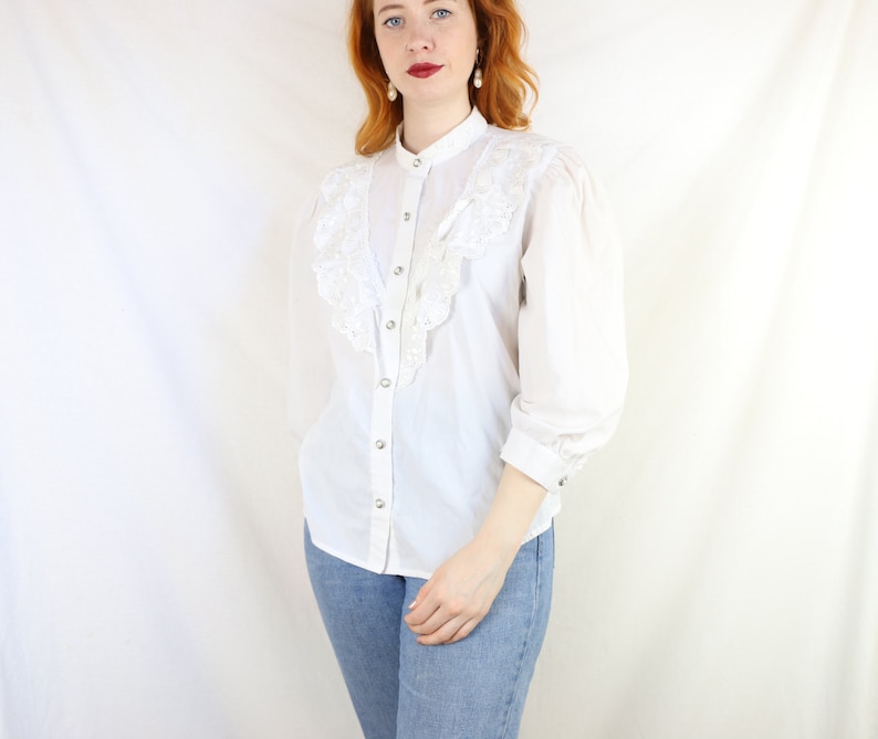 Beautiful Ruffle Blouse with Embroidery Anglaise and Pearl Buttons