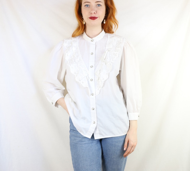 Beautiful Ruffle Blouse with Embroidery Anglaise and Pearl Buttons