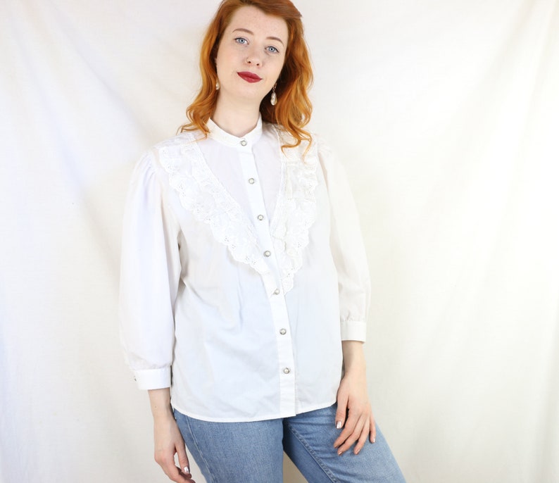 Beautiful Ruffle Blouse with Embroidery Anglaise and Pearl Buttons