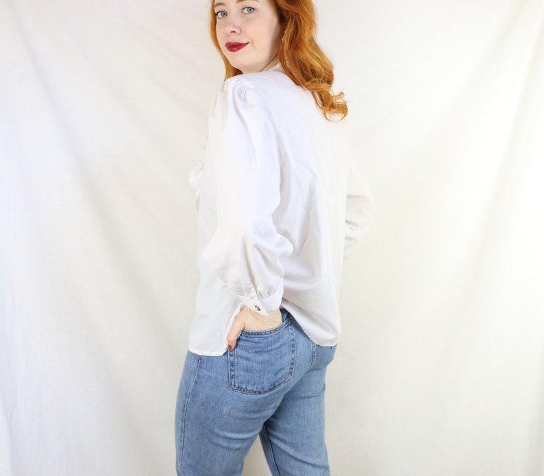 Beautiful Ruffle Blouse with Embroidery Anglaise and Pearl Buttons