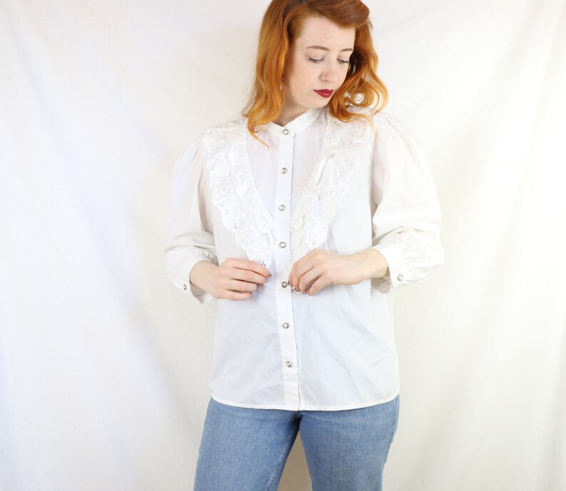 Beautiful Ruffle Blouse with Embroidery Anglaise and Pearl Buttons