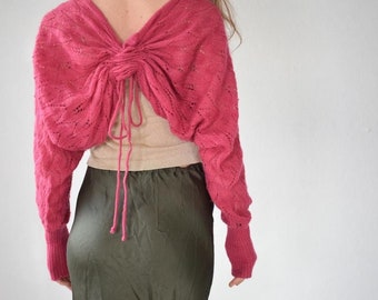 Beauty soft mohair open knit vintage 90s y2k shrug bolero long sleeve cropped cardigan in raspberry