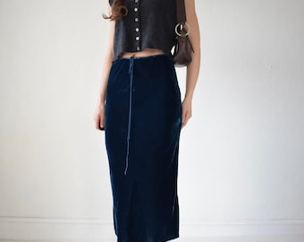 Pretty vintage 90s teal blue velvet midi skirt with drawstring elasticated waist