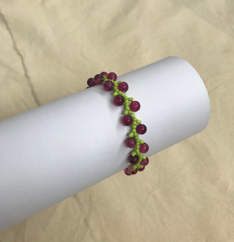 Handmade Green and Cherry Vine Bracelet Berry Purple Glass Beads Cottagecore Fairycore Artsy