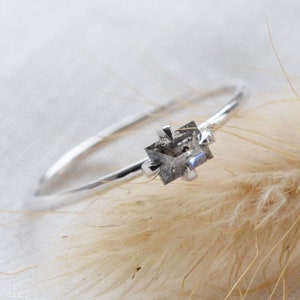 Tiny Baguette diamond ring Thin solid gold ring Minimal Salt & Pepper diamond ring image 2