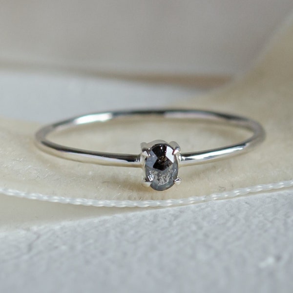 Tiny oval engagement ring, Dainty salt and pepper ring, Unique gemstone ring