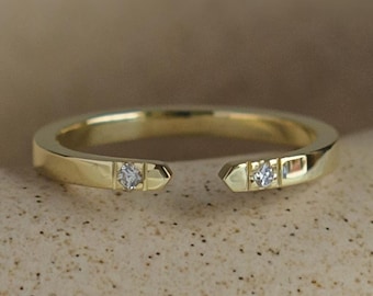 Anillo abierto con diamante natural, anillo de boda minimalista con diamante de talla redonda, anillo minimalista de oro blanco de 14 quilates