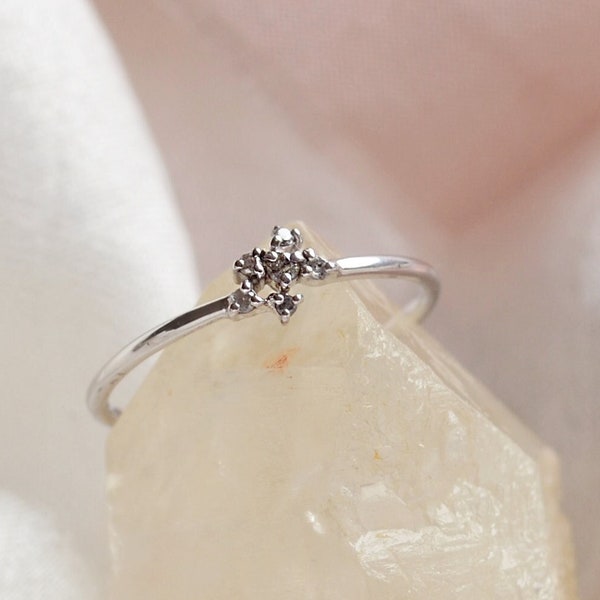 Tiny cluster diamond ring, Salt and Pepper ring, Unique engagement ring