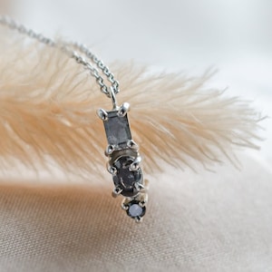 Simple diamond necklace, Three stone necklace, Vertical gold bar necklace