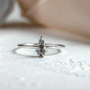 Tiny hexagon diamond ring, Salt and Pepper cluster ring, Thin engagement ring