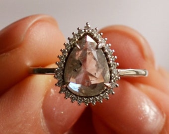 Pear cut halo ring Grey diamond ring Alternative salt and pepper diamond ring