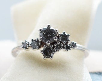 Asymmetric gold ring, Unique diamond cluster ring, Salt and pepper engagement ring