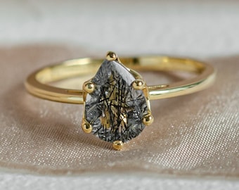 Rutile quartz ring, Unique gemstone engagement ring, Tourmalinated quartz ring