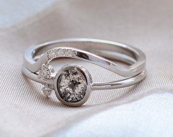 Dainty oval engagement ring, Three stone diamond ring, Salt and pepper diamond ring set