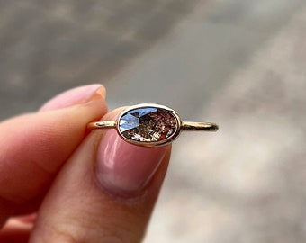Horizontal Oval engagement ring, Salt and pepper diamond ring Gray diamond ring