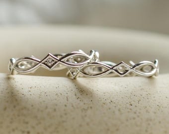 Half eternity natural diamond wedding ring, Unique celtic knot wedding band, Dainty celtic wedding jewelry