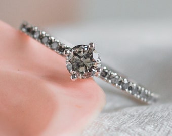 Grey gemstone ring, Natural salt and pepper diamond ring, Half eternity engagement ring