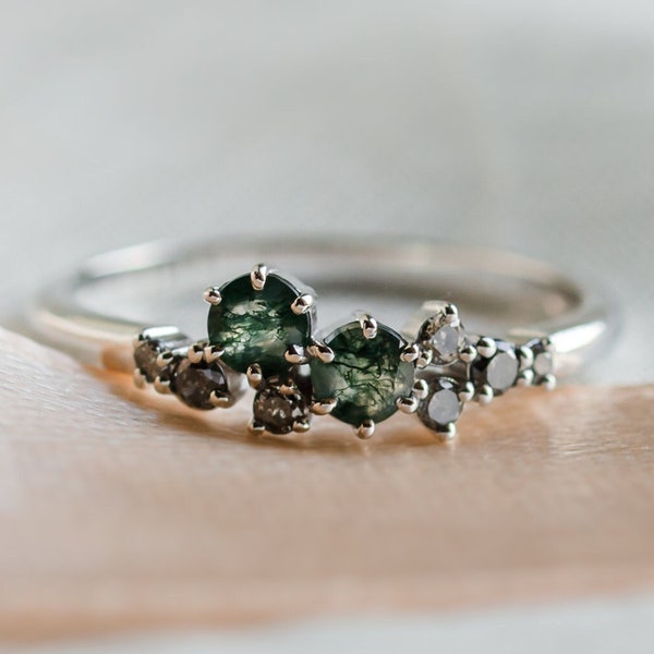 Cluster Moss agate & Salt and pepper diamond ring, Salt and pepper engagement ring