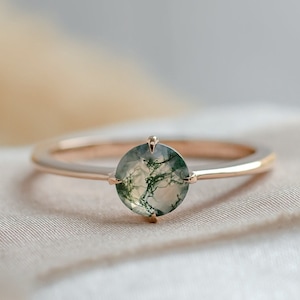 Solitaire moss agate ring, Simple gemstone ring, Moss agate engagement ring