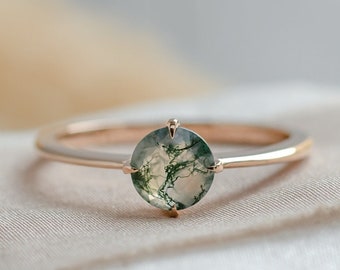 Solitaire moss agate ring, Simple gemstone ring, Moss agate engagement ring