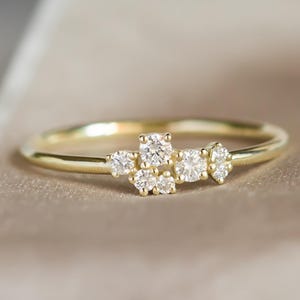 Cluster natural diamond wedding ring, Alternative white stone ring, Dainty wedding ring in 14K yellow gold