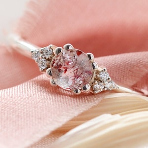 Strawberry quartz engagement ring, Unique gemstone ring, Golden cluster diamond ring