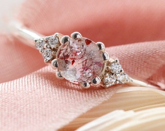 Strawberry quartz engagement ring, Unique gemstone ring, Golden cluster diamond ring