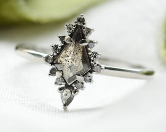 Halo kite engagement ring Salt & pepper diamond ring Unique geometric ring