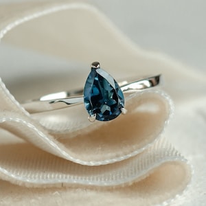 London blue topaz engagement ring, Solitaire pear topaz ring, Delicate pear ring image 1