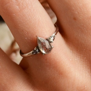 Three stone diamond ring, 14K White gold engagement ring, Salt and pepper pear diamond ring