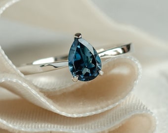 London blue topaz engagement ring, Solitaire pear topaz ring, Delicate pear ring