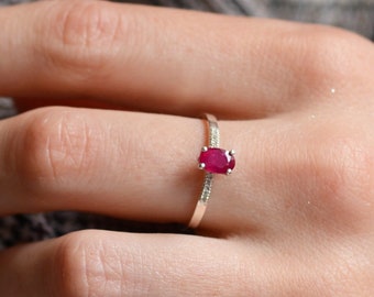 Ruby diamond engagement ring Minimalist oval ruby ring 14K Gold gemstone ring