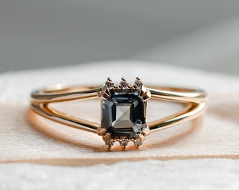 Anello di fidanzamento con taglio Asscher, anello con zaffiro Teal unico, anello con gambo diviso in oro rosa 14k