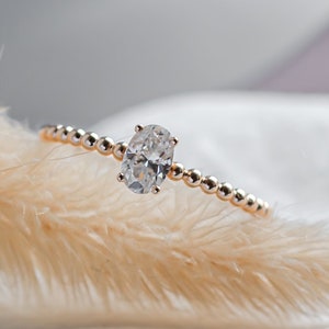 Oval solitaire moissanite ring, Beaded Rose gold ring, Simple Moissanite engagement ring