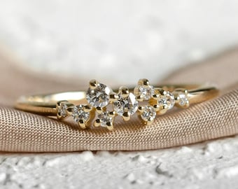 14K Yellow gold engagement ring, Cluster diamond ring, Dainty wedding band