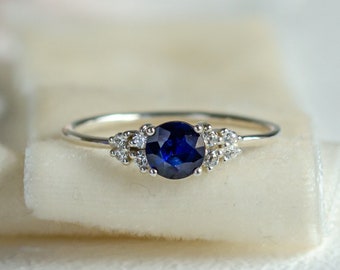 Sapphire cluster ring, Sapphire & Diamond engagement ring, Unique sapphire ring