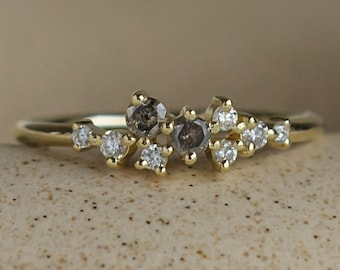Cluster Salz & Pfeffer Diamant Ring, 14K Gold Einzigartiger Verlobungsring