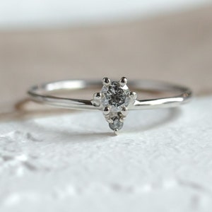Tiny cluster ring, Salt & Pepper diamond ring, Thin band engagement ring