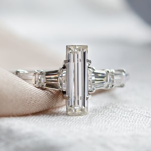 Baguette cut engagement ring, Moissanite baguette ring in White gold 14K