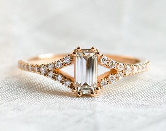 Baguette cut moissanite engagement ring, Split shank moissanite ring, Pave ring in Rose gold 14K